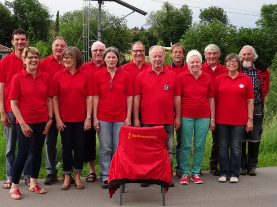 Gruppenbild der Nachtwanderer im Sommer 2019 beim Jugendpavillon mit dem Kletterturm im Hintergrund.